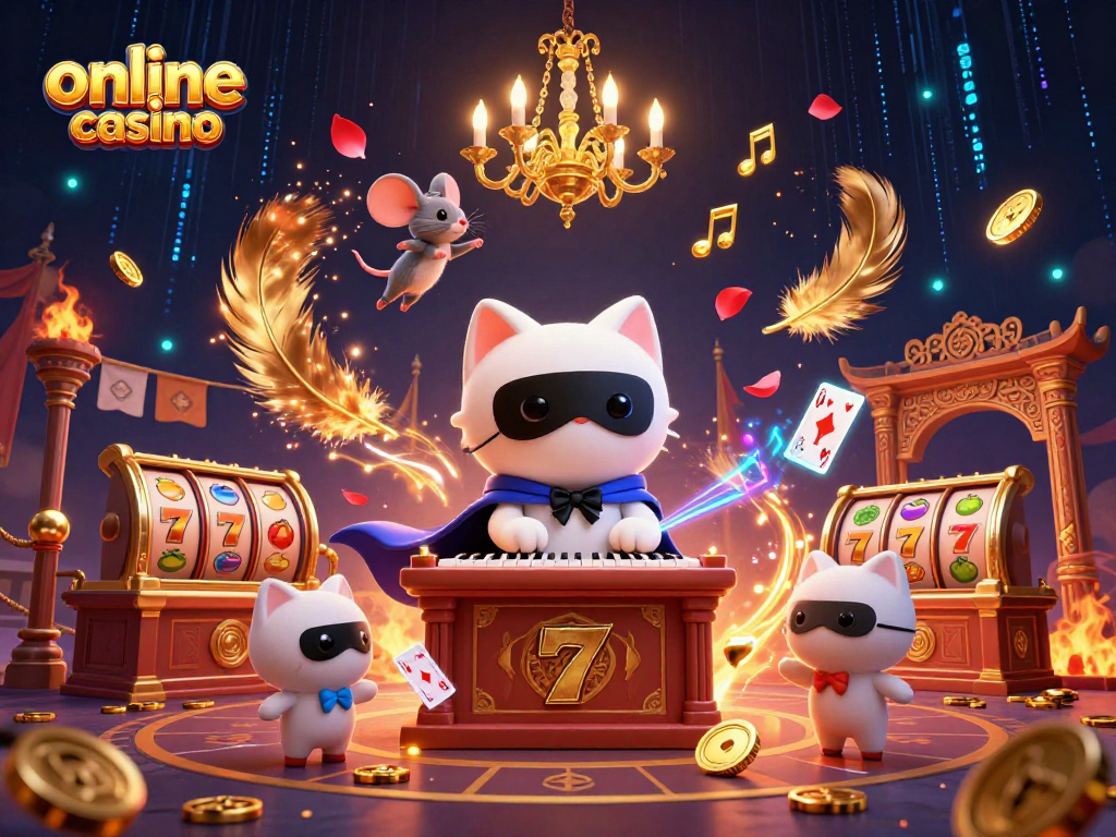 Experience the excitement of an online casino with a whimsical 3D scene featuring a masked cat and more.