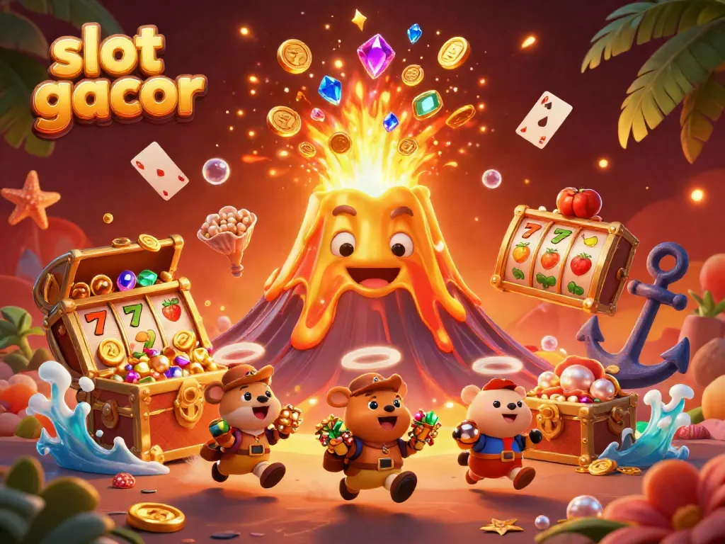 Experience the joy of slot gacor with a dynamic illustration of a golden volcano erupting treasure amidst vibrant casino symbols.