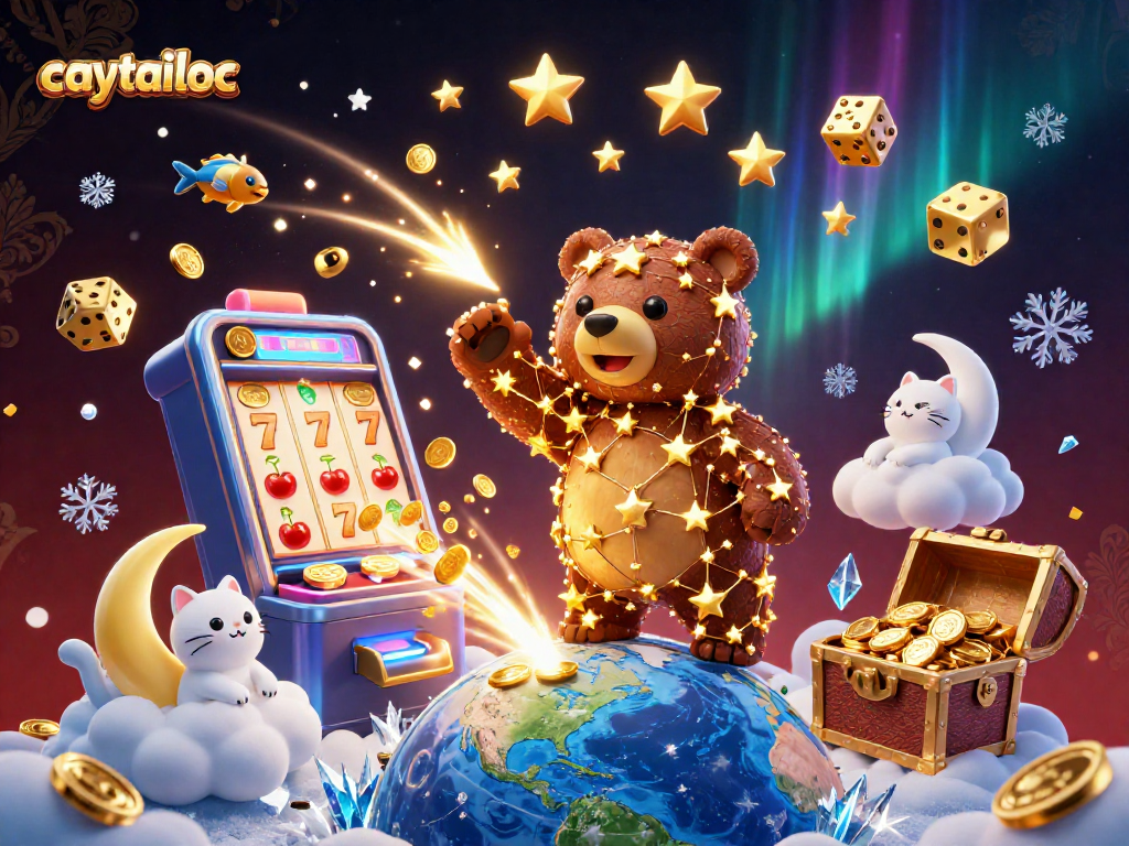 Caytailoc showcases a magical slot machine scene bursting with jackpot coins, inviting players to win big.