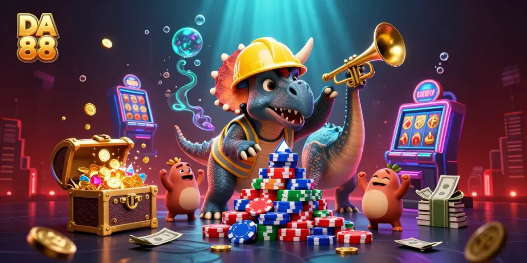 DA 88 showcases a lively scene with a triceratops, parasaurolophus, and casino elements in celebration