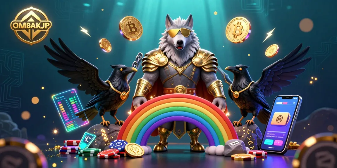 Experience thrilling gameplay with OMBAKJP as a majestic Odin wolf and ravens amidst vibrant casino elements.