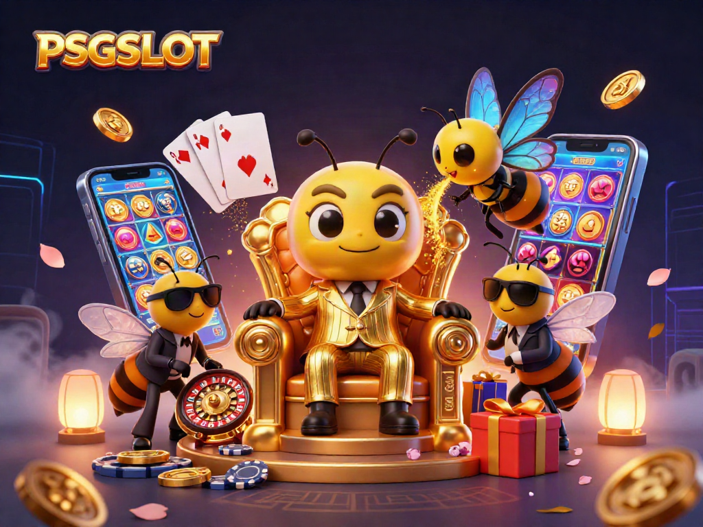 PSGSLOT menampilkan ilustrasi kasino 3D dengan lebah bertopi dan karakter permainan slot yang menarik.