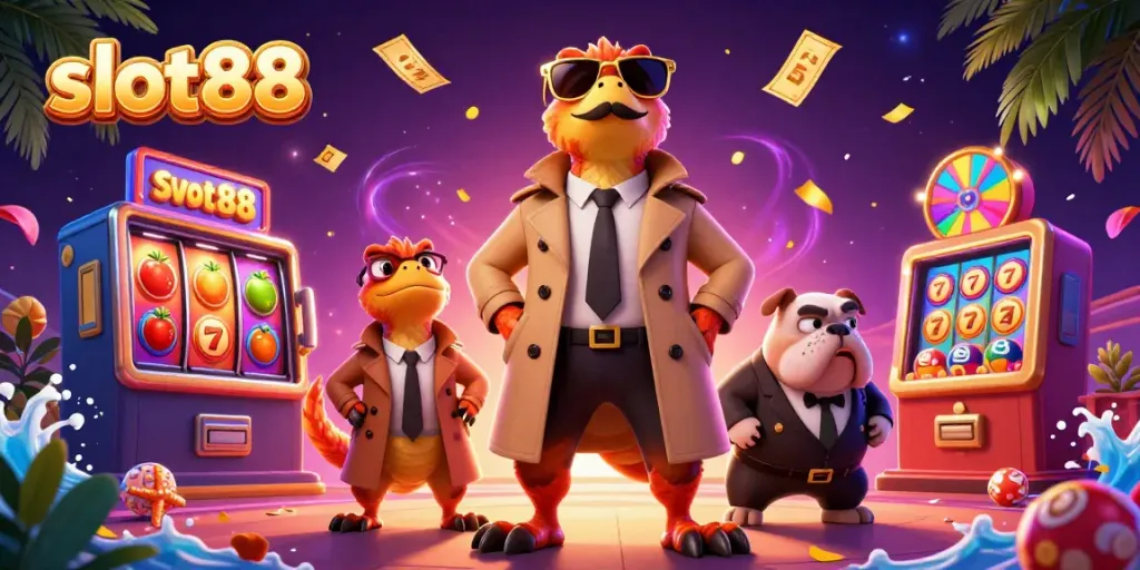 Rasakan sensasi bermain slot88 dengan ilustrasi kasino penuh aksi yang menggembirakan.