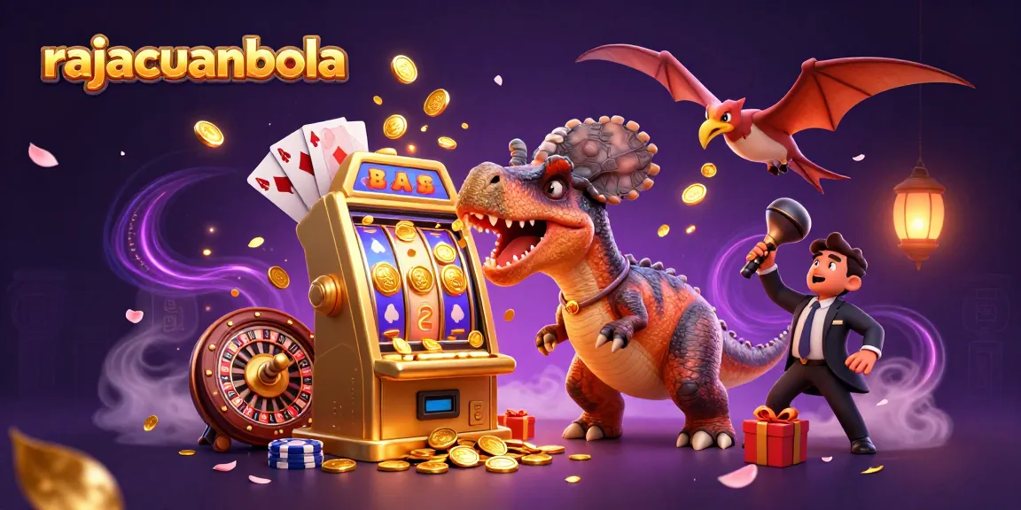 rajacuanbola features a cartoon dinosaur winning jackpot coins from a golden slot machine with a casino manager