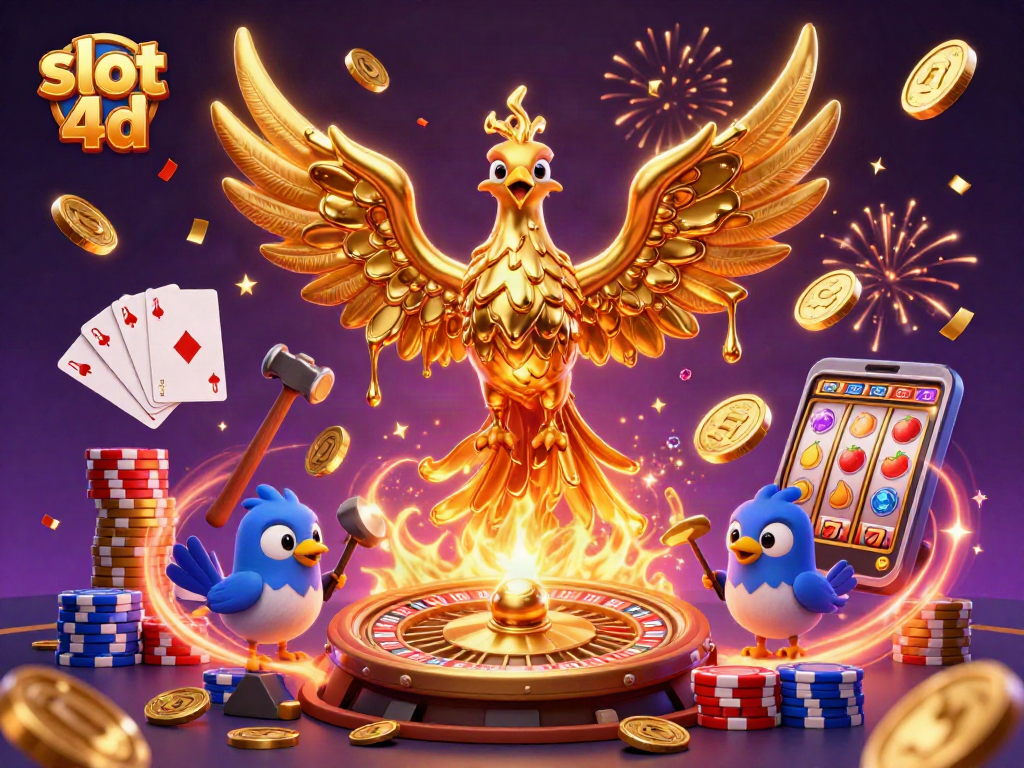Slot 4D menampilkan fenomena keberuntungan dengan burung phoenix emas yang memancarkan koin berkilau.