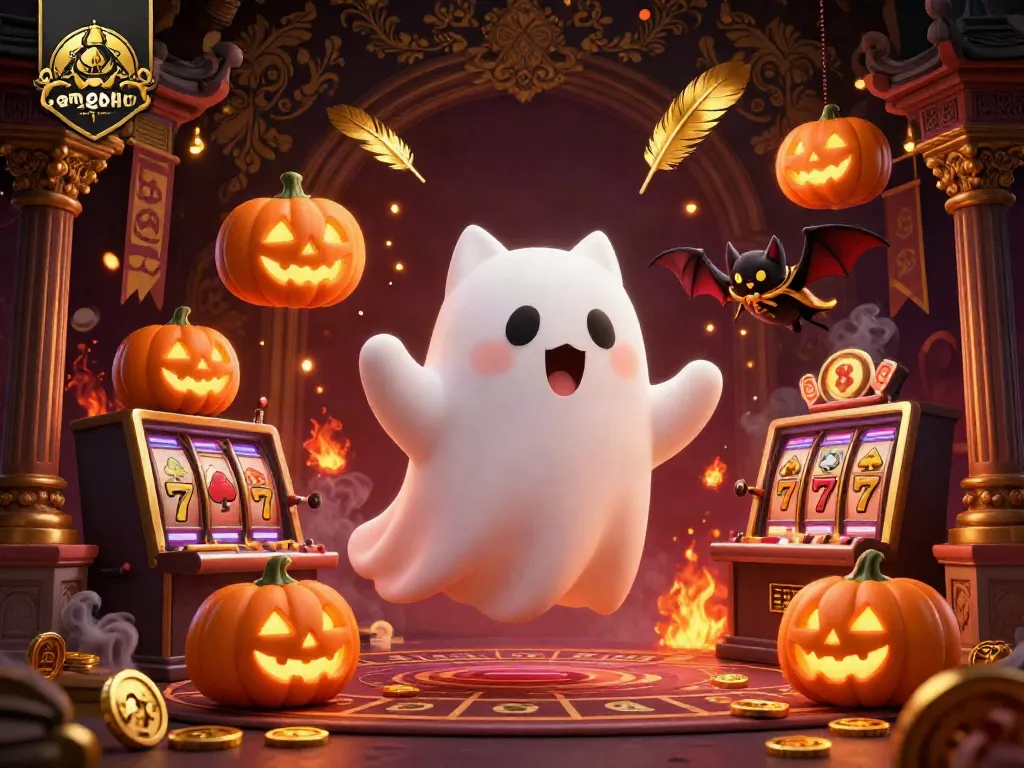 Experience gamenohu's thrilling haunted casino realm with a ghost cat and bat in 3D illustration.