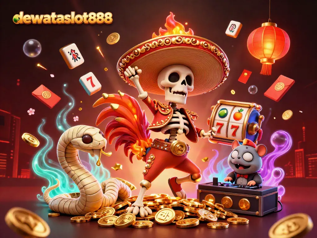 Gambarkan pengalaman bermain slot di dewataslot888 dengan karakter unik dalam suasana meriah.