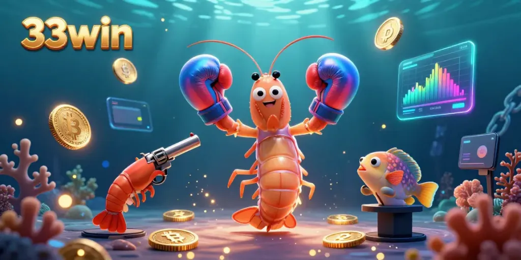 Engage with the lively 33win scene featuring vibrant underwater elements and animated gambling icons.