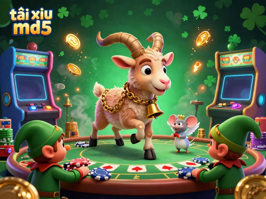 Experience the excitement of tài xỉu md5 with a festive gambling scene featuring Krampus and mischievous characters amid glowing casino elements.