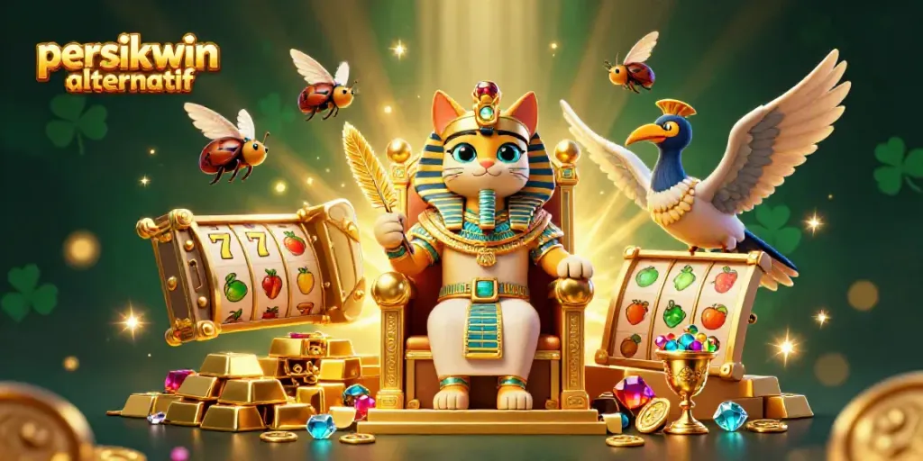 Ilustrasi 3D menarik memperlihatkan karakter slot dan tema persikwin alternatif di latar belakang berkilau.