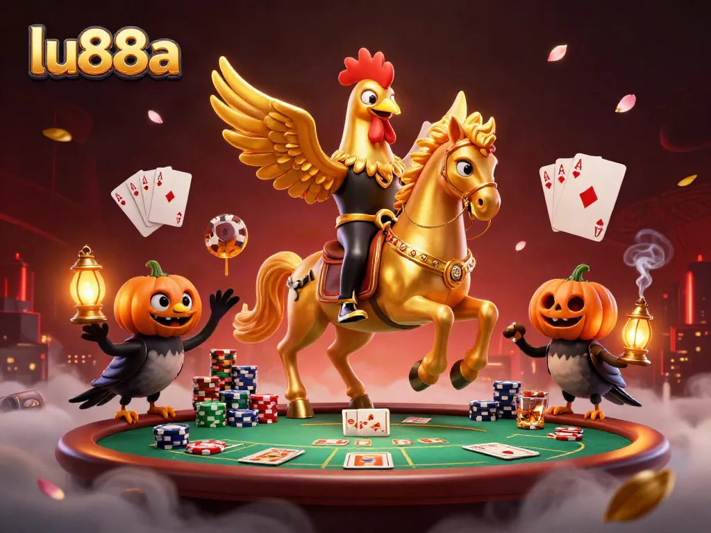 Experience thrilling games at lu88a with golden rooster in a striking casino scene.