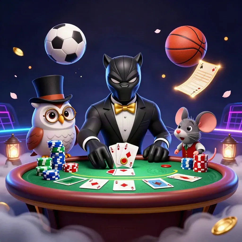 Cartoon panther, owl, and mouse in neon casino chaos with chips, cards, and sports balls.