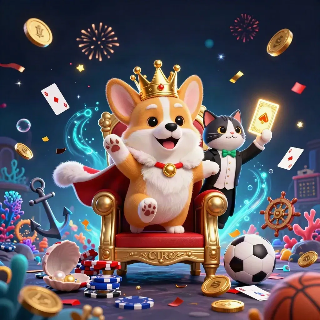 Royal corgi king and cat butler amid treasure, coral, bubbles, and electric-blue casino glow.