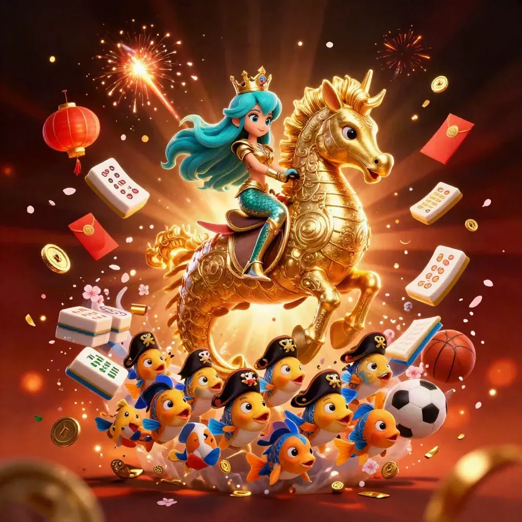 Mermaid princess on a golden seahorse with pirate fish, lanterns, coins, rockets, and glowing casino sports props