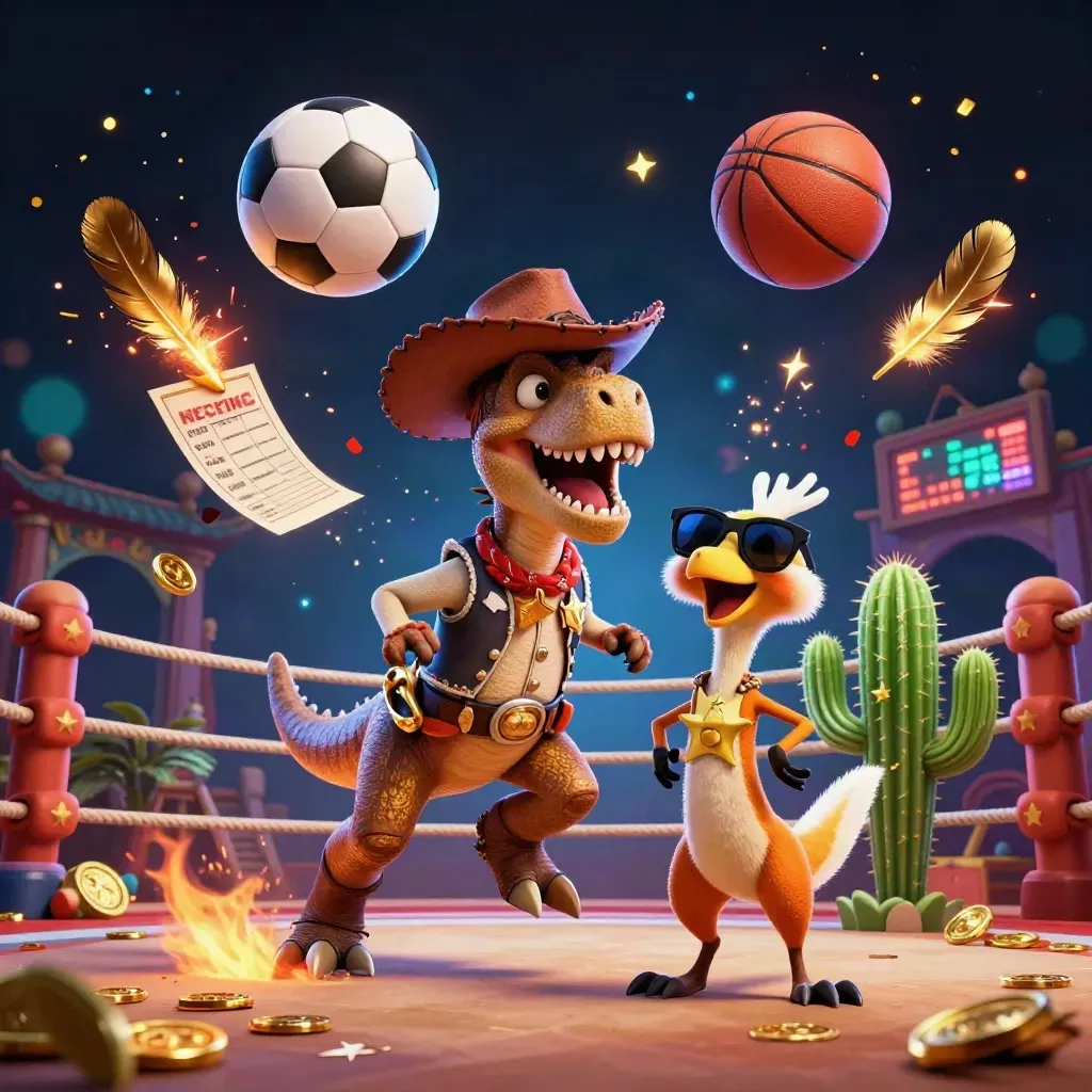 Cowboy T-Rex, cactus sidekick, and roadrunner explode through a neon casino ring with balls and sparks