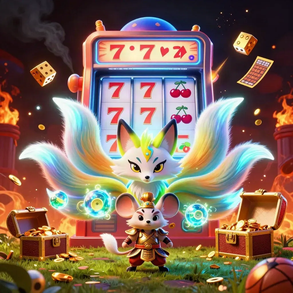 Neon fox spirit and samurai mouse amid exploding slot machine, dice, sports balls and embers.