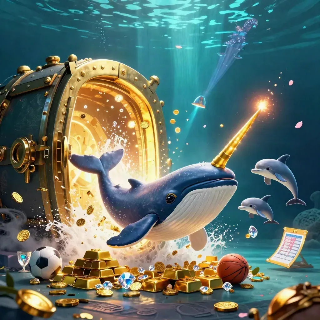 Whale, narwhal and dolphins erupt from coins as treasure light floods an underwater casino scene.