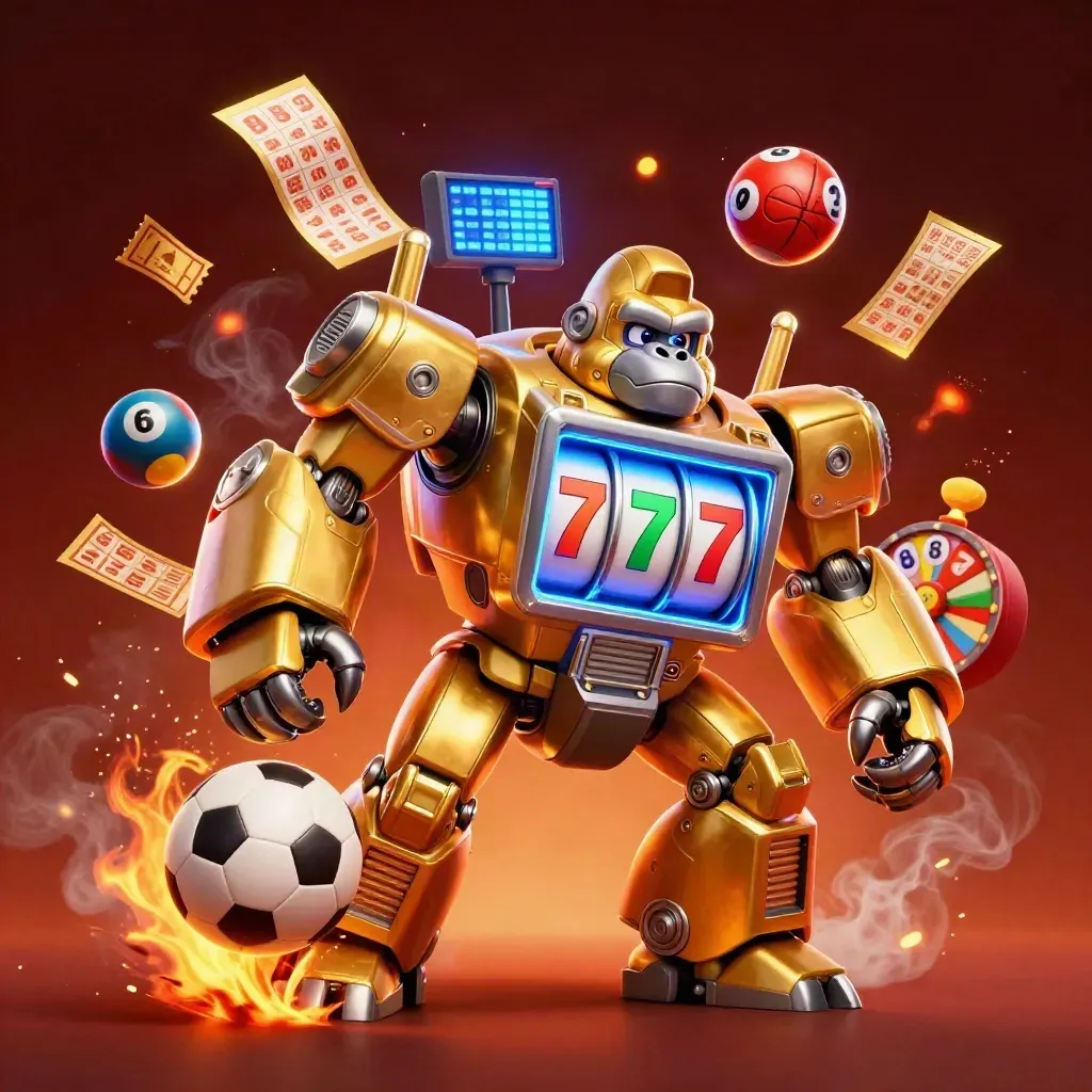 Golden gorilla mech with monkey pilot, slot reels, flying lottery balls, and casino glow