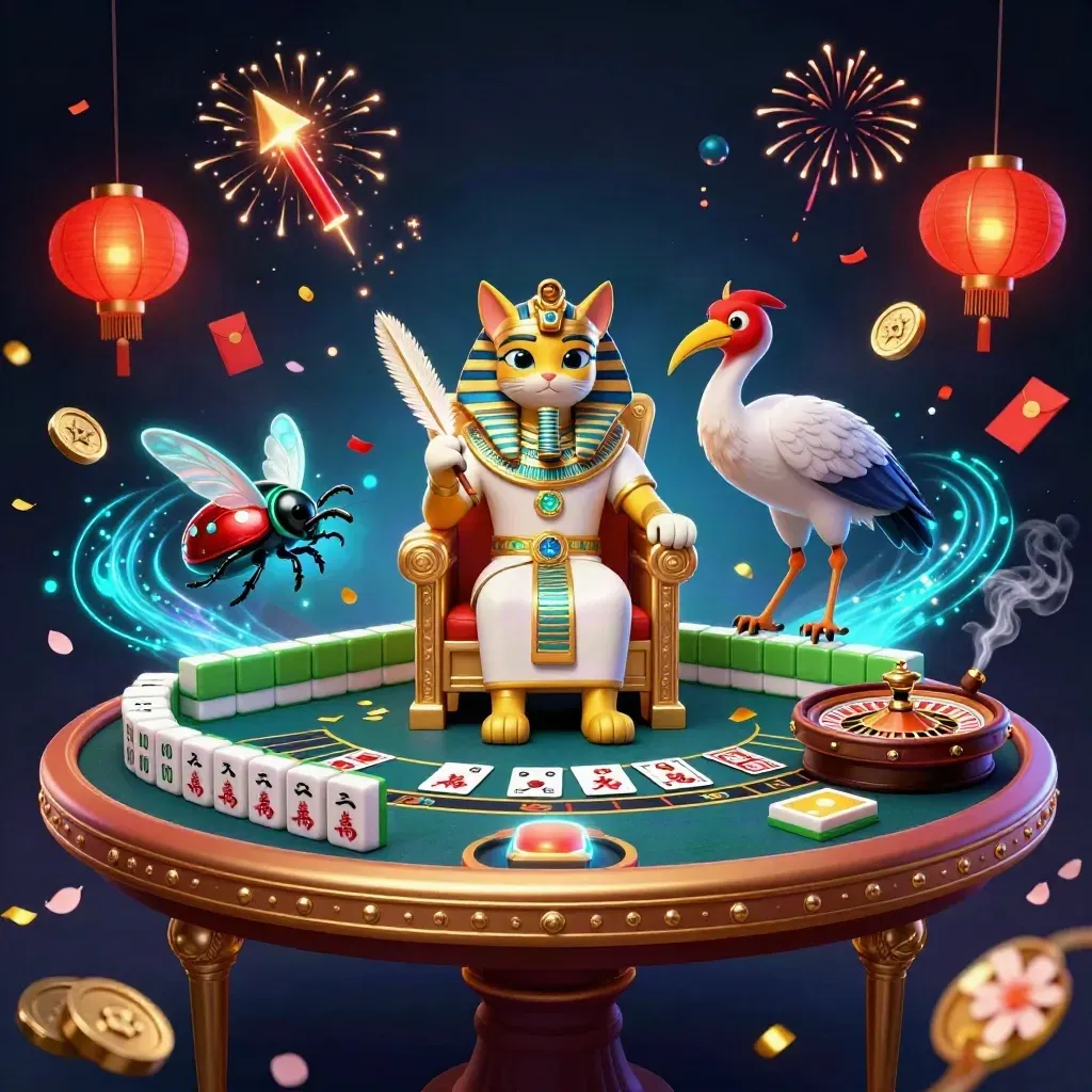 Pharaoh cat on gold throne with ibis scribe, gem-wing scarabs, casino lights and roulette glow.