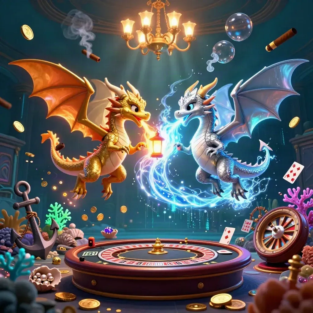 Gold and silver dragons spiral above a glowing underwater casino treasure scene.