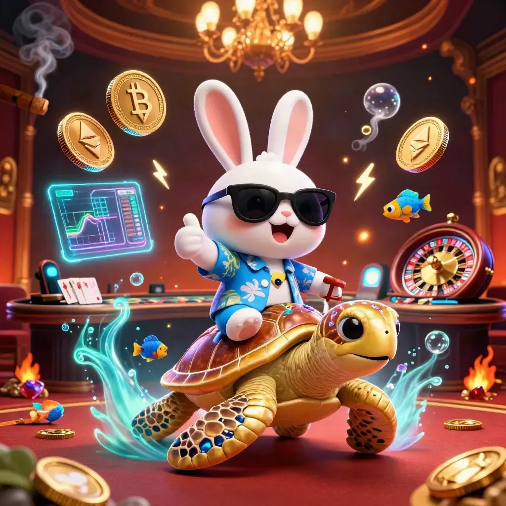 Lucky rabbit rides a golden sea turtle amid casino lights, coins, charts, and glowing tech effects.