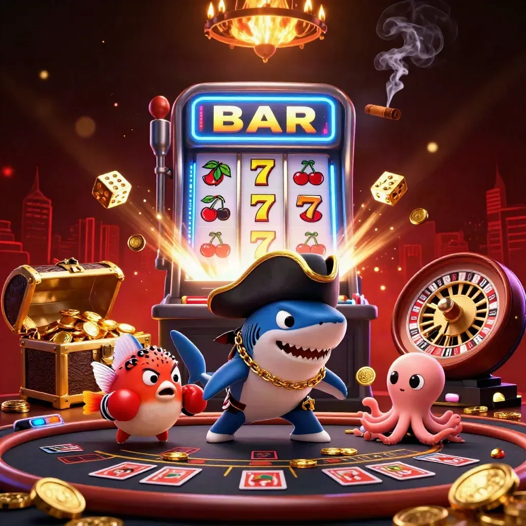 Shark pirate, pufferfish boxer, and octopus juggle coins amid casino jackpots and neon casino lights.