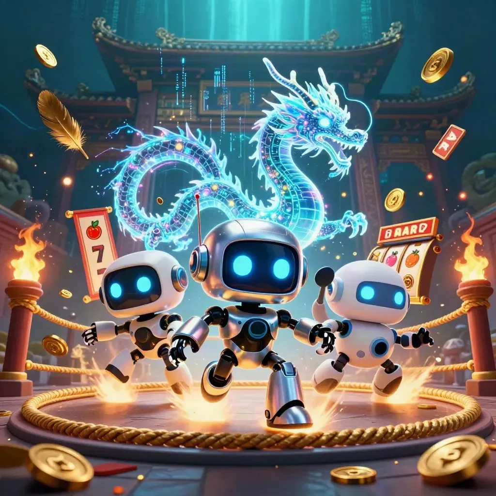 Cyberpunk robot, holographic dragon, and coin drone erupt in a neon casino fantasy scene.