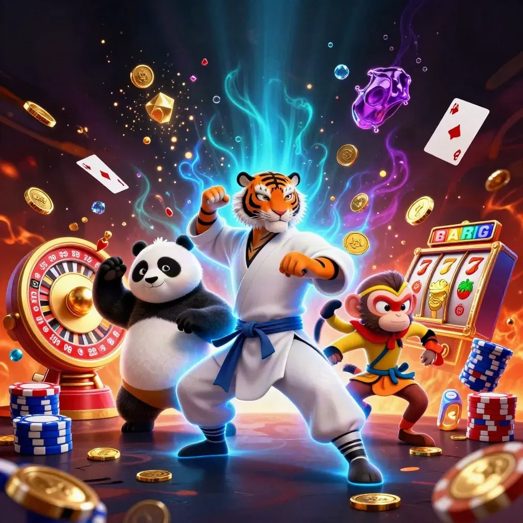Kung-fu tiger, panda, and monkey amid casino gold, chips, and glowing blue effects