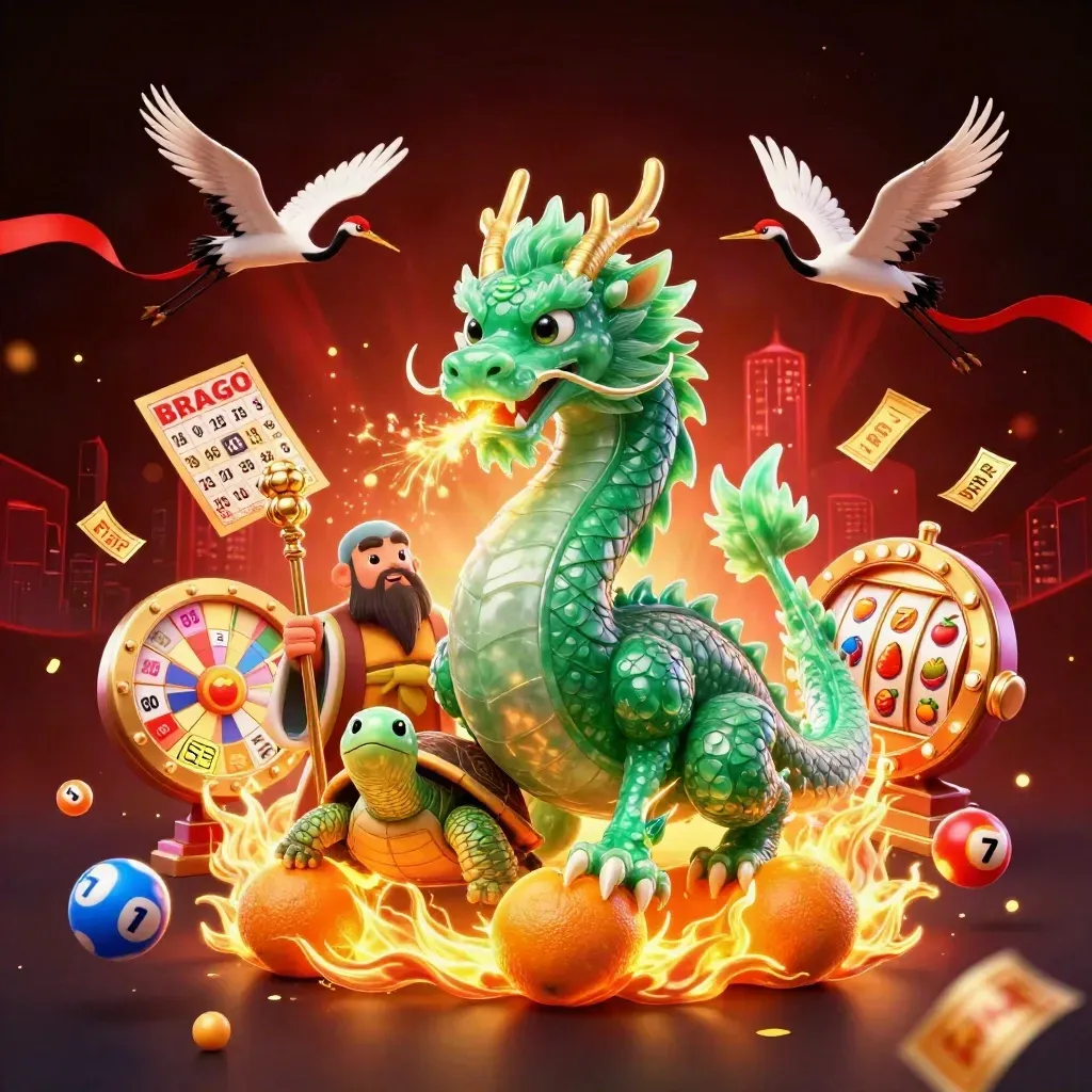 Jade dragon, turtle sage, and cranes amid casino bursts of balls, wheel, tickets, and glowing lights.