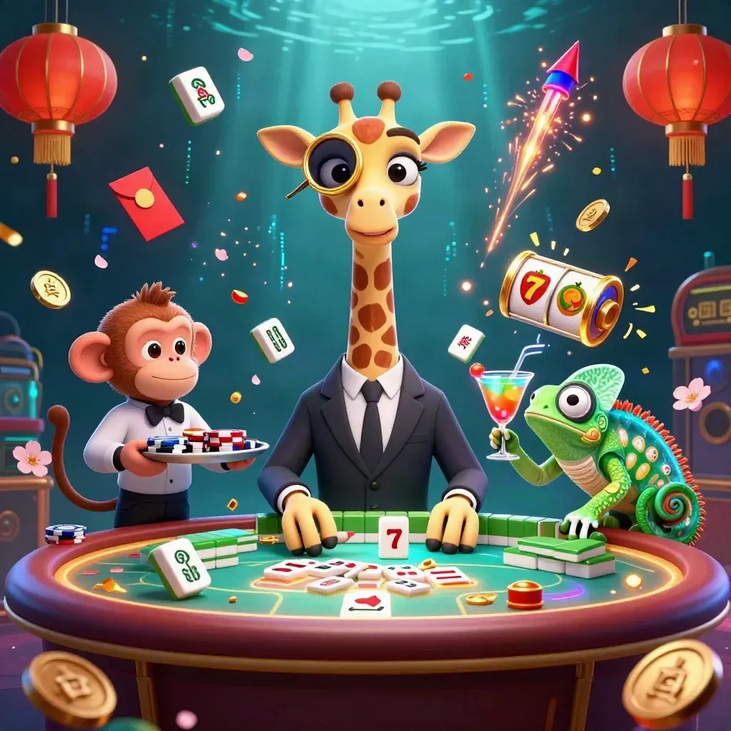 Giraffe high-roller, monkey valet, and chameleon bartender amid neon casino treasure.