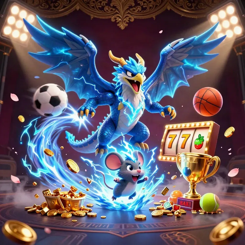 Thunder dragon, winged hawk, and static mouse amid treasure, balls, and casino magic.