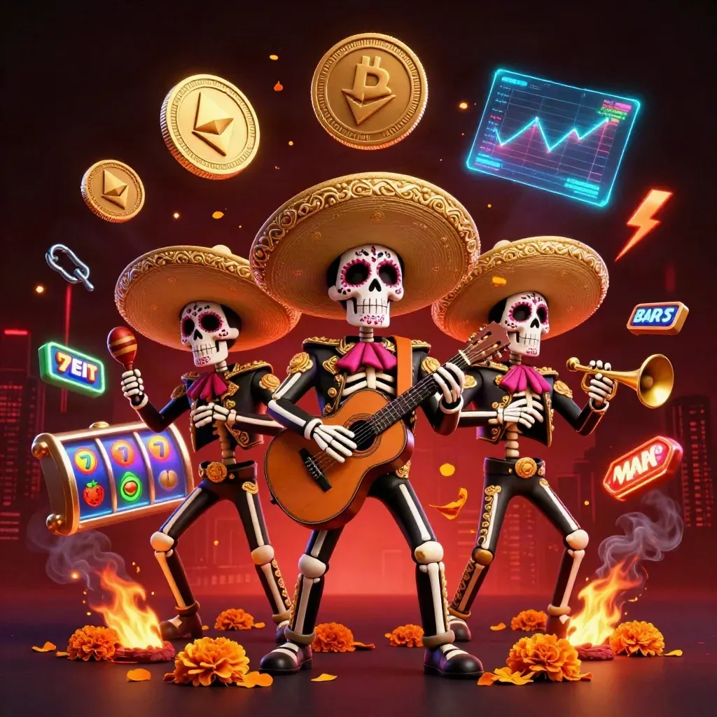 Day-of-the-Dead skeleton mariachi trio with coins, neon lightning, and fiery casino energy