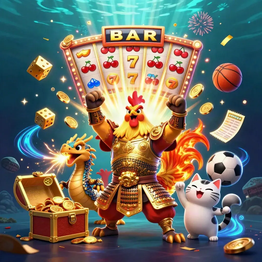 Rooster warrior, dragon hatchling, and fortune-cat amid jackpots, coins, fireworks, and a glowing treasure chest.