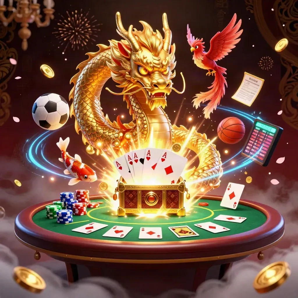 Golden dragon, phoenix, koi, poker chips, aces and casino effects in a dramatic splash screen.