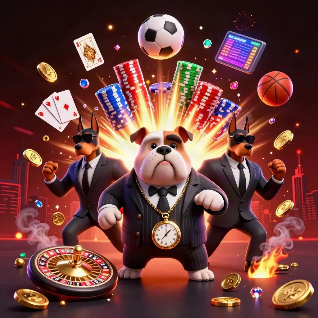 Bulldog boss with two Dobermans amid coins, chips, roulette, gems, and fireworks in a dark casino burst.