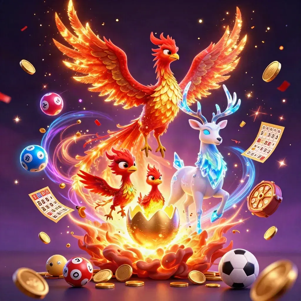 Phoenix, baby phoenix, and crystal-antlered stag amid casino treasure, fireworks, and glowing game props.