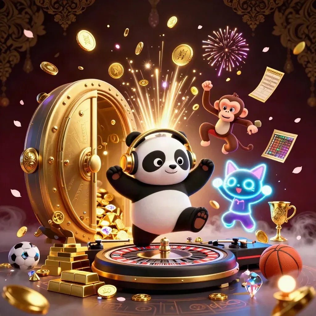 DJ panda, monkey, and glow-kitten burst from a golden vault amid coins, gems, and fireworks.