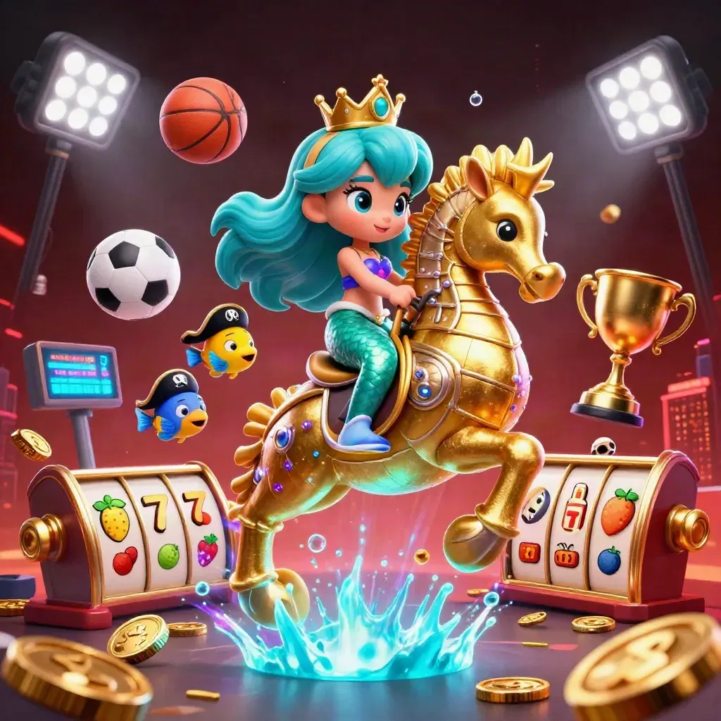 Mermaid princess on a golden seahorse, with fish, sports balls and casino symbols in a neon storm