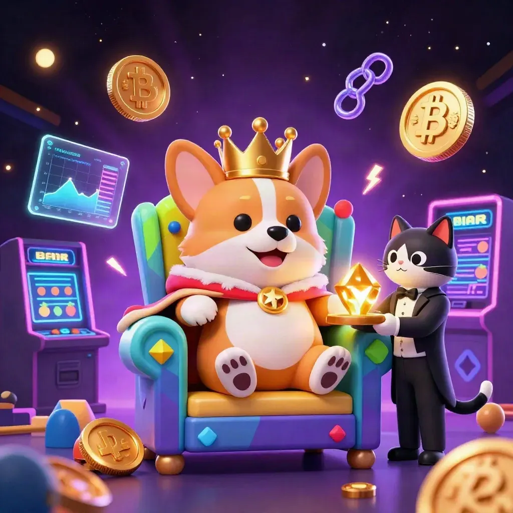 Royal corgi king and cat butler amid casino chips, glowing coins, lightning, and neon reels