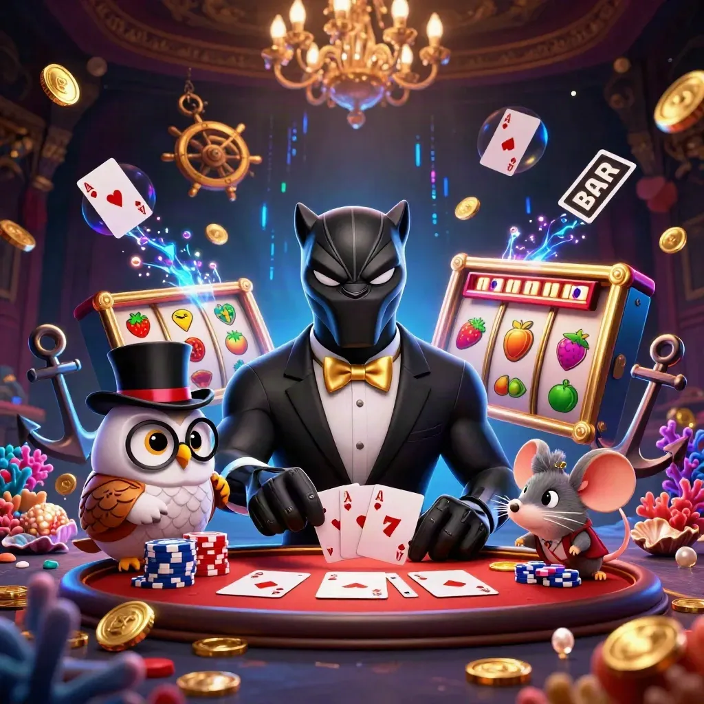 Black panther, owl, and mouse amid casino treasure, neon effects, and slot symbols on a dark luxe backdrop.