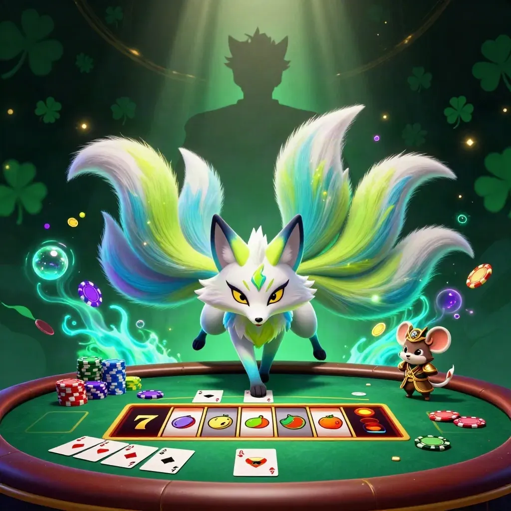 Nine-tailed fox spirit and samurai mouse amid poker, slots, and neon casino effects.
