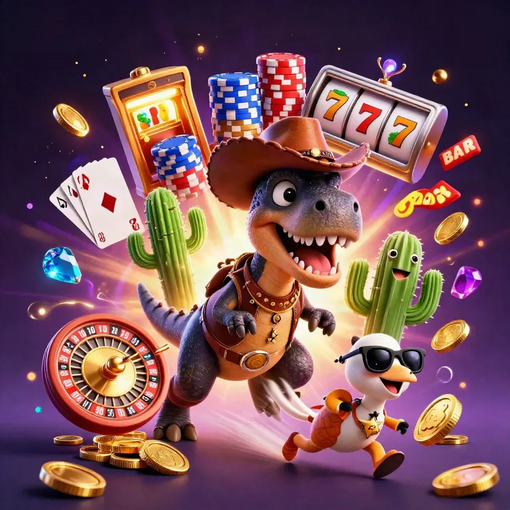 Cowboy T-Rex, cactus sidekick, and roadrunner amid casino coins, cards, and glowing reels.