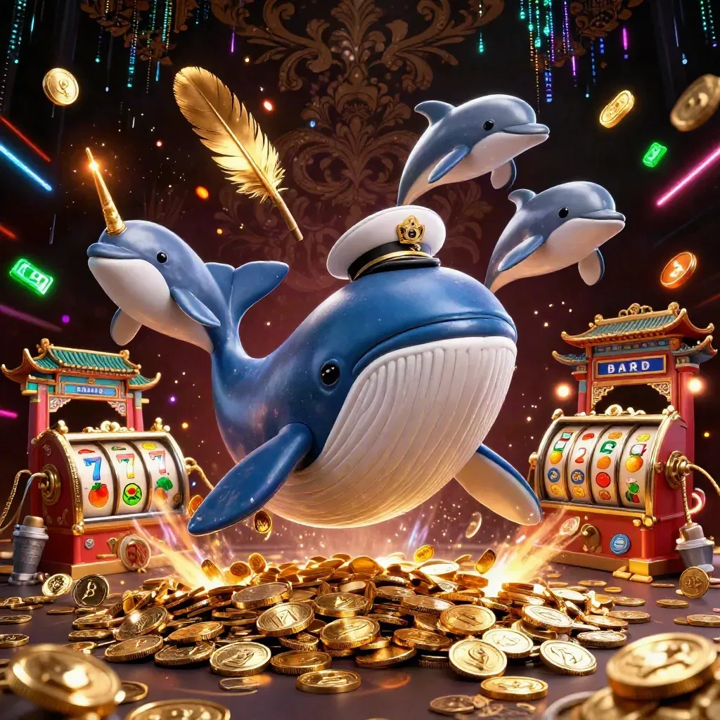Whale captain, narwhal, and dolphins amid coins, slots, neon bolts, and casino opulence.