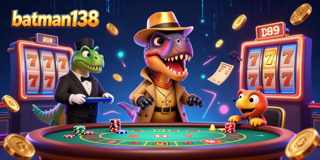 Experience thrilling online gameplay with batman138 surrounded by slot reels and animated characters.