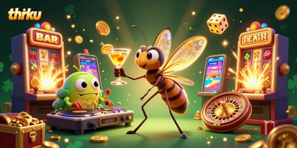 Thrku's lively casino scene with a cartoon mosquito mascot and dynamic gaming elements.