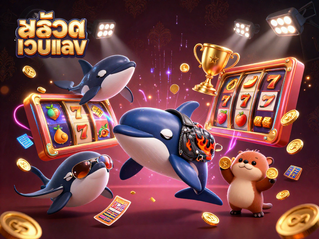 Experience the thrill of สล็อตเว็บตรง with dynamic characters, slot reels, and golden coins in a vibrant casino scene.