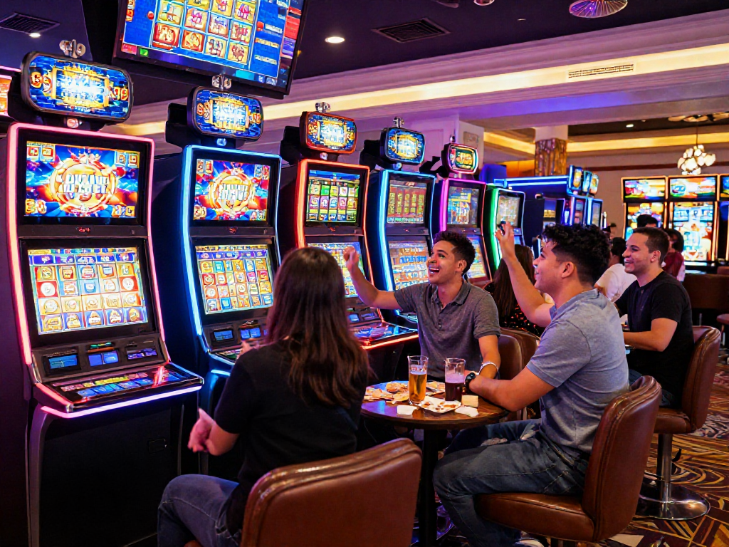 Pengalaman bermain slot7000 di kasino, teman-teman bersenang-senang dengan mesin slot.