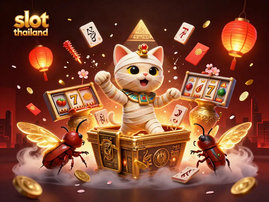 Play engaging slot thailand games with a dynamic 3D illustration featuring Egyptian themes and vibrant casino elements.