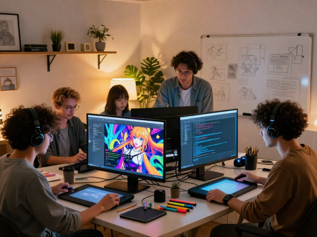 Engaging creators collaborating with hentai ai chat technology in a vibrant digital studio.