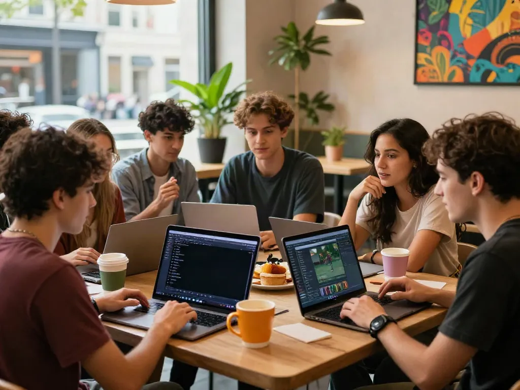 A vibrant coffee shop scene with gamers discussing strategies and enjoying refreshments, embodying the essence of akunjp community.